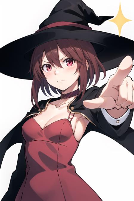 objection, ace attorney,
1girl, bangs, black cape, black choker, blurry, blurry background, blush, breasts, brown hair, cape, choker, closed mouth, collarbone, dress, furrowed brow, hair between eyes, hat, light frown, long sleeves, looking afar, red dress, red eyes, short hair, short hair with long locks, small breasts, solo, sparkle, upper body, white background, witch hat, parody, pointing,
<lora:objection:0.7>