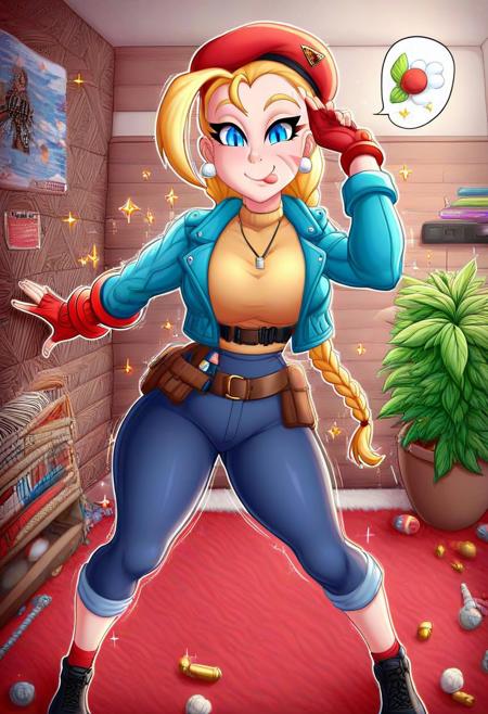 score_9,score_8_up,score_7_up,score_6_up,score_5_up,1girl, score_4_up,source_streetfighter,source_anime,source_game, (cammy_white),street_fighter,blonde_hair,blue_eyes,glowing eyes,cammy white,yrnwrld,tall woman,british flag print,ahoge, short hair,(slit pupils),(bandaged arm),(pale skin),curvy,frown, smile,big eyes,clenching fists,(tongue),wide hips,thick thighs, thick legs,narrow waist,(tattoos:1.4),(tattoo),hairclip,(earrings), red gloves,red beret,hair_ornament,red beret,long braid,cute, (dark blue pants),flag print shirt,blue jacket,long sleeves,gold necklace,backpack,bag,brown belt,gun case,holding cassette, long shirt,red rug,museum,glimmer,artistic paintings,big plant pot,(tiles:1.4),lamps on the wall,wooden wall,exit sign,posters, (sparkles:1.4),neon lights,brochures,(wooden showcase),(hand sign),shiny skin,dynamic pose,indoors,(motion lines:1.4),(thick outlines:1.4),(trembling lines:1.4),sweat,jewelry,steam,(steamy breath),(spoken kitty cat),(bullet belt),((weapons)),(television), masterpiece,best_quality,newest,absurdres,best shadow,light particles,highly detailed background,amazing quality,highly detailed_skin,very_detailed_clothes,power_lines,speed lines, emphasis_lines,very_aesthetic,dynamic_angle,high quality,4k, best shadow,<lora:add-detail-xl:1.5>