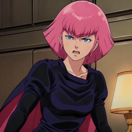 masterpiece,high quality,solo,
<lora:hamankarn064:0.7>,
hamankarn,1girl,
short hair,pink hair,sidelocks,bangs,blue eyes,
cape,black dress,collarbone,puff sleeves,long sleeves,juliet sleeves,
angry,shouting,