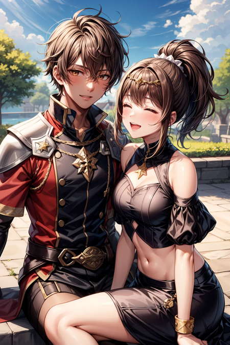 masterpiece:1.2, high quality, best quality, <lora:add_detail:1>, ,crop top,bare shoulders,d4ggerfish,fire emblem,1girl,smile,fogado \(fire emblem\),ponytail,brown eyes,highres,circlet,siblings,fire emblem engage,1boy,hair ornament,skirt,brown hair,closed eyes,short hair,closed mouth,open mouth,sitting,dark skin,brother and sister,timerra \(fire emblem\),dark-skinned male,dark-skinned female