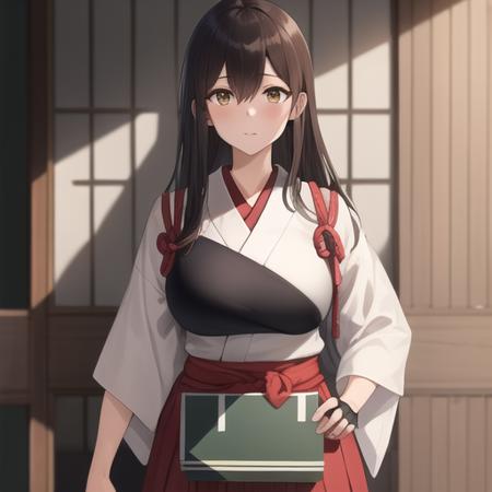 (masterpiece, best quality:1.2),illustration,8k,hd,1girl,solo,upper body,(portrait:1.2),long_hair,brown_hair,brown_eyes,muneate,tasuki,hakama,straight_hair,gloves,japanese_clothes,partially_fingerless_gloves,single_glove,hakama_skirt,skirt,hakama_short_skirt,<lora:Akagi(kan)>,