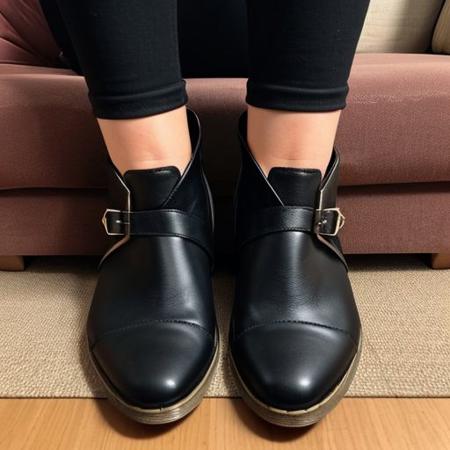 frontal photo of elegant 38 years old woman sitting on couch, wearing flat ankle boots, pov from the floor, extremely low angle
