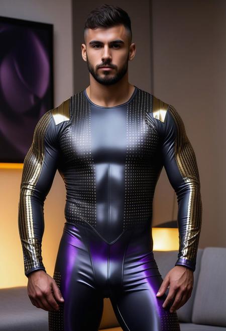 a strong 24-year-old spanish hunk bodybuilder male, with a fringe up hairstyle, detailed face, mindless expression,  wearing a skin tight dark-gray rubber catsuit with gold and purple electronics circuits patterns, wearing a rubber jockstrap, on a modern living room, standing at attention pose, full body visible, looking at viewer, portrait, photography, detailed skin, detailed rubber texture, realistic, photo-realistic, 8k, highly detailed, full length frame, High detail RAW color art, diffused soft lighting, shallow depth of field, sharp focus, hyperrealism, cinematic lighting