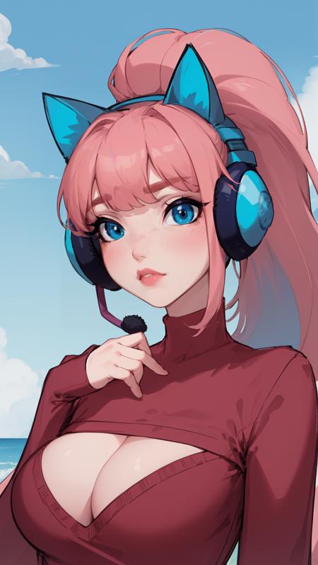 SonechkaVK blue headset, fake animal ears ponytail, pink hair, long hair cleavage, red sweater, clothing cutout, cleavage cutout makeup