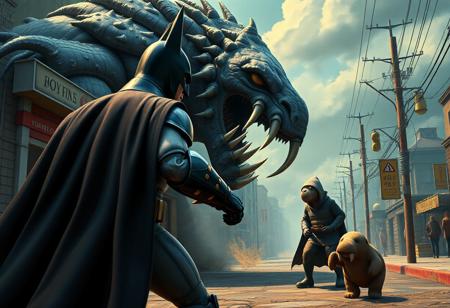 "Create a high-definition, lifelike image of an epic Batman facing a giant creature, inspired by theCHAMBA, in the style of claymation and mansions of madness. The scene is a symmetrical, maximalist oil on canvas, with a focus on micro details using the golden ratio. Depict Batman chasing a robber down a street, with a walrus character observing. This image should be trending on ArtStation and suitable for a promotional still on a store website or CGI society."