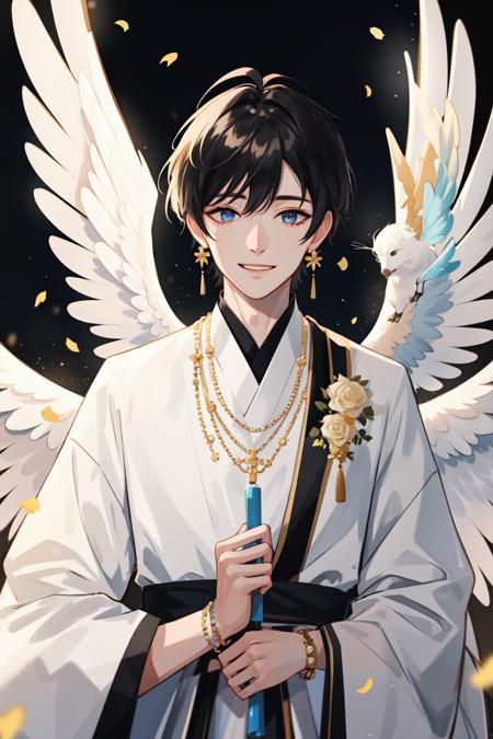 ((masterpiece:1.2, best quality)), 4k, 1boy, adult, male focus, aged up, angel wings, lens flare, colorful, glow white particles, white robe, gold bracelets and accessories, prism, glowing, glitter, particles, bloom, likes to celebrate and have fun, enjoys nature, bright and optimistic outlook, creative and adventurous spirit, represents happiness and harmony