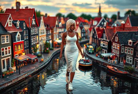 a woman walks in a miniature city. the wamon has blond realy short hair and a afrocan tone. she is wearing a white thight dress that ends at the knee. her white sneakers in 70ts style and her short knockle glowes ar contrasting her dark skin. around her is a colorfull miniature village on the water and in the traditional style around 1900 in netherlands. buildings are a bit smaller then the woman and the miniature land is build and colored like a detailed wax paint drawing. making the realistic photo looking like a painting but with a real person in it. it's a dynamic scene on a warm summer evening with detailed shadows and eye catching sunset. 