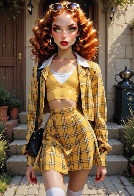 college setting, outdoors, entrance, steps, grass, coffee stand, sunny day, detailed, sharp focus, beautiful, solo, 1 girl, Sandy, freckles, curly hair, long ginger hair, makeup, red lipstick, eye shadow, hoop earrings, green eyes, looking at viewer, lips slightly parted, tight waist, freckles on shoulder and chest, tiny breasts, shy, cute, skinny, petite, delicate,   fierce expression, sunglasses on head, yellow plaid jacket, yellow plaid skirt, white collared shirt, white kneehighs, yellow vest, high heels, satchel over shoulder