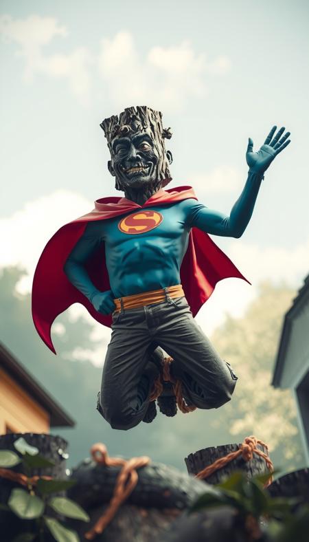 hyper realistic, tree trunk dressed as a superhero, floating a few centimeters above the ground.