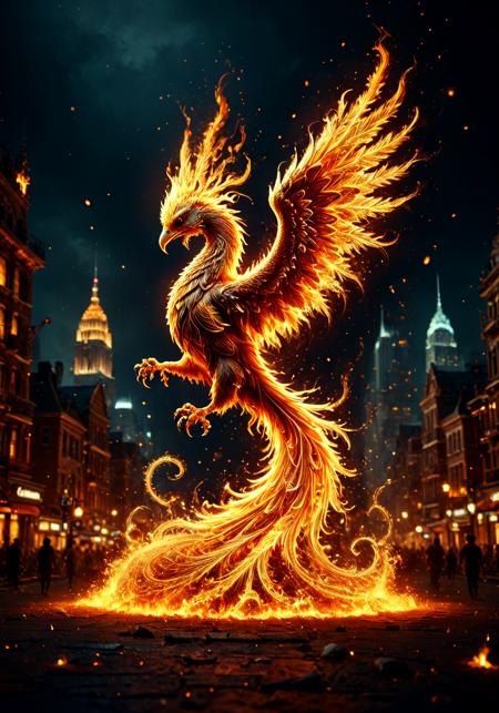 masterpiece, extremely detailed, sharp outlines, high contrast,  fine details, intricate, fantasy,  flamestyle,  phenix, city buildings,  energy, fire particles,  intricate background, bokeh,  fire swirl patterns,, flux-style, Flame_Style-000009<lora:aidmaFluxStyleXL-v0.2.safetensors:0.32000000000000006:0.32000000000000006> <lora:challenge\Pony\Flame_Style-000009.safetensors:0.6000000000000001:0.6000000000000001>