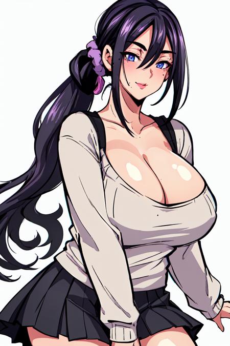 (best quality:1.2), 1girl, solo, long hair, breasts, looking at viewer, blush, smile, blue eyes, skirt, simple background, black hair, white background, cleavage, ponytail, purple hair, thighs, mole, huge breasts, sweater, lips, mole under eye, scrunchie, mole under mouth, ribbed sweater, mature female
 <lora:nishidamegane:1>