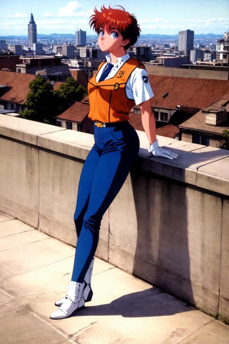 IzumiNoa anime, 1990s \(style\) Blue eyes Brown eyes IzumiNoaUniform, pants, white gloves, vest short hair short sleeves long sleeves