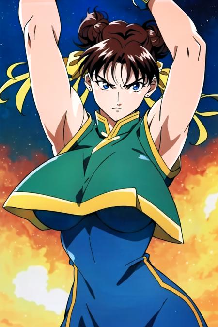 Masterpiece, best quality, absurdres, Anime screencap, chunli_alpha, street fighter, detailed eyes, thick thighs, muscular legs, sweating, 4k, ambient lighting, underboob, flexible, abs, looking away, <lora:aSFIIMovieCLV14p:1>