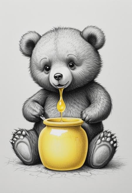 Score_9, Score_8_up, Score_7_up, Score_6_up, Score_5_up, Score_4_up, Cute Cartoon Character, 1 extremely cute little bear is sitting, looking down to 1 yellow honey pot , white background, Black Pencil Drawing, Black and White Drawing, Graphite Drawing, ,ral-dissolve, realistic, highly detailed, extremely detailed, masterpiece, award winning