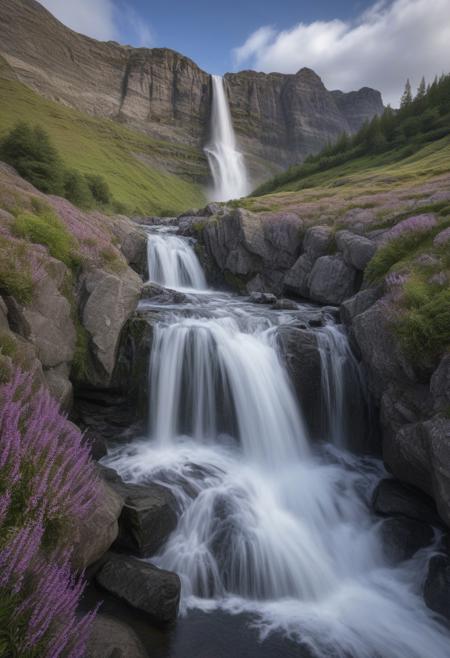 landscape featuring a cascading waterfall flowing through rugged, dark grey rocks. The water appears white and frothy as it tumbles down multiple levels, creating a dynamic and lively scene. Surrounding the waterfall, patches of green vegetation and purple heather add colour and contrast to the rocky terrain. In the background, rolling hills and tall mountain peaks are visible under a clear sky, contributing to the natural and serene atmosphere. The overall composition highlights the beauty and power of nature, with the waterfall as the central focal point. advntr