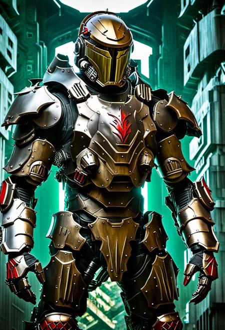 A man wearing a full face helmet, armored combat suit, green eyes, (a composite layered chest armor), fully closed shoulder pads, matching arm and leg protectors, the belt is adorned with fangs that bite into the gem., (The color scheme is mainly black with red details), design balances heavy with agility, a high-tech armor, (sci-fi inspired armor concept, stand on top of a skyscraper in a futuristic sci-fi city),  futuristic city background, exquisite and mature manga art style, (element, plasma, energy, the armor shines), ((male:1.5)), metallic, real texture material, dramatic, High Definition, Best Quality, high resolution, ultra detailed, ultrafine paint, extremely delicate, professional, perfect body proportions, golden ratio, anatomically correct, symmetrical face, extremely detailed eyes and face, high quality eyes, Creativity, photo and gross, UHD, 32k, natural light, cinematic lighting, Masterpiece-anatomy-perfect, Masterpiece:1.5