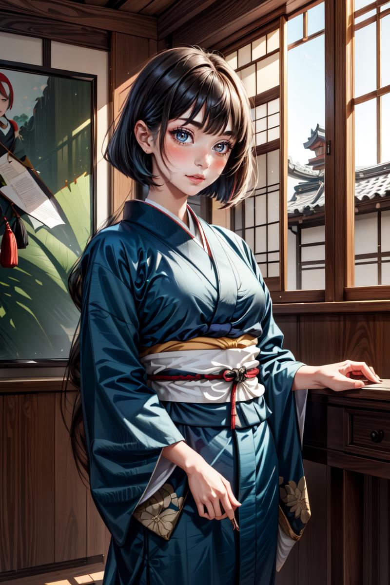 A young woman wearing a blue kimono stands by a window.