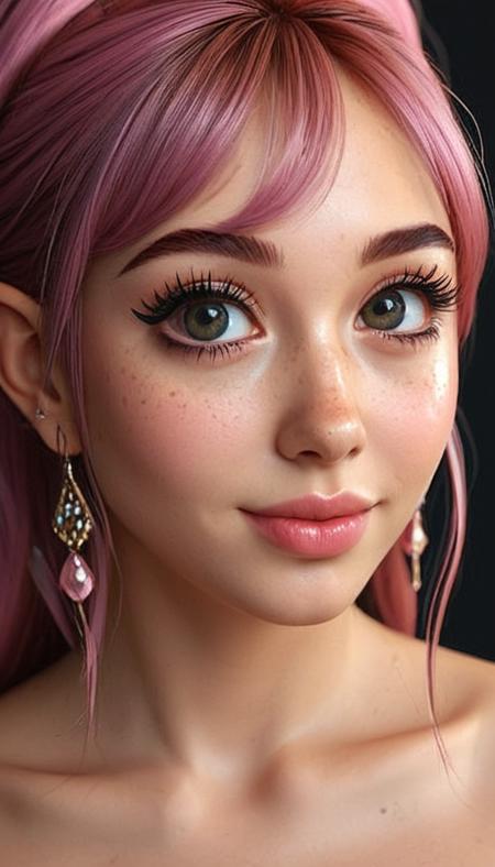 (Cel-shading:1.8), (in ARTIST style:1.7), (masterpiece:1.7), tsundere, cartoon style, comics style, fantasy theme, from side,
(masterpiece), (best quality), (ultra-detailed)
(Medium shot:2) gorgeous elf girl face, cute, beautiful, gorgeous, smooth detailed skin, smiling:1.1, (both hands on cheeks:1.1), showing emotions, perfect body, solo, long hair, (very long eyelashes:2),perfect pink hair, streaked pink  hair, , bangs, freckles, striking large eyes, aligned eyes, mirror eyes, witch costume, , , indoor witch hut, gorgeous,fantasy theme,
eyeliner, trendy portrait, bare shoulders, tender Aesthetic nose, perfect lips, gorgeous lips, puffy lips, sensual lips, cinematic,
(masterpiece), (best quality), (incredibly detailed:1.4) (beautiful detailed face, beautiful detailed eyes), (ultra-detailed), very aesthetic, illustration, perfect composition, intricate details, absurdres, detailed skin, clean skin,  pure skin,
(masterpiece:1.8), (highest detailed:1.8), (angle:0.9), perfectly lighted, (contrast), (saturated), (((sharp focus))), (hyperdetailed:1.3), (intricate details:1.2), (Refined details:1.3), (best quality:1.5), highly detailed textures,
<lora:Apparatus_-_Traction_City_Walkers_Vehicles:0.6>,
<lora:add-detail-xl:1> (ultra sharp focus:1.8), (detailed skin:1.8), (best quality:1.8),
<lora:glowneon_xl_v1:0.6>
<lora:Someplastic_b:1>
