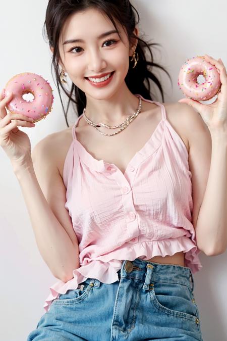 <lora:mxiaotong1.0:0.75>,
mxiaotong,1girl,solo,(looking at viewer:1.2),black hair,ponytail,long hair,grin,teeth,black eyes,jewelry,earrings,necklace,smile,
pink vest,sleeveless,bare shoulders,jeans,denim,
hands up,holding food,doughnut,
simple background,cowboy shot,k-pop,
masterpiece,best quality,ultimate details,highres,8k,wallpaper,extremely clear,realistic,photorealistic,