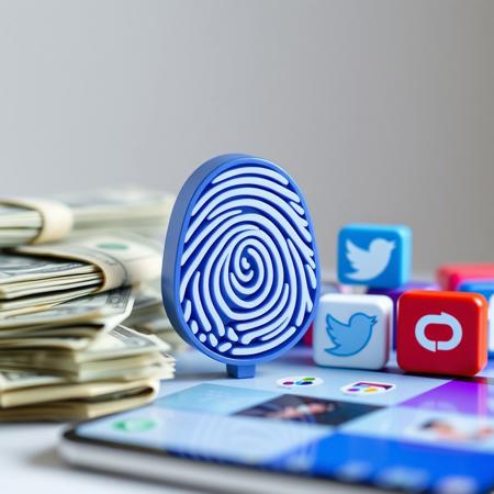 A 3D fingerprint logo next to money and social media icons. This is a professional and realistic image of an advertising company featuring a fingerprint logo on a social media platform. The background is neutral.
