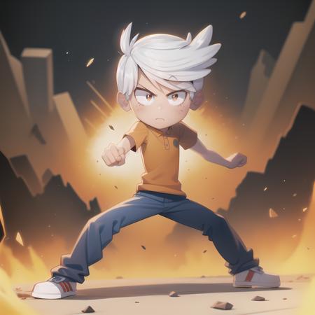 ((masterpiece, best quality)),(complex light),solo, solo focus, full body,1boy,lincoln loud, blue pants, <lora:LincolnLoud1-10:0.9>,simple background,brown eyes, white hair,smooth hair cut , fighting stance, glowing eyes, destroyed debris background, floating particles,aura,