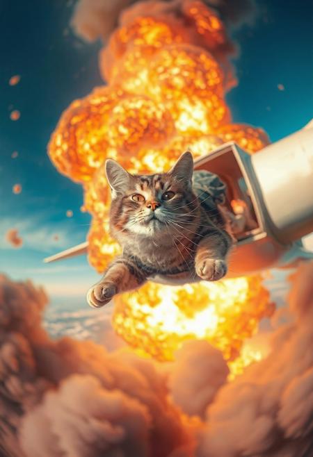 A cat jumping out of an exploding airplane with a parachute on its back, falling face first with the wind blowing its face.