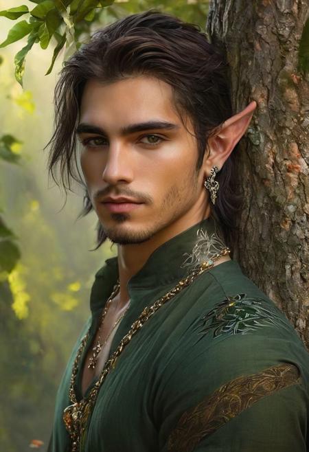 Hyper-realistic digital painting of a beautiful elven man, 
dark green eyes, 
messy shoulder-length hair, 
pointed ears, 
leaning against a tree, 
finely detailed necklace and bracelets, 
tattoos, 
in a surreal and fantastic setting, 
combining the artistic styles of Jose Royo, 
Boris Vallejo, 
Julie Bell, 
Carne Griffiths, 
and Brian Froud, 
precise anatomy, 
with a centered symmetrical composition, 
volumetric lighting, 
rays, 
vivid colors reflects