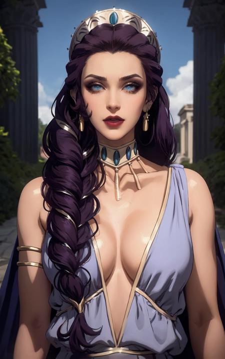 Dress_BloodOfZeus_Hera_ownwaifu,
1girl,single braid, hair over shoulder, breasts,very long hair, anklet, purple hair, blue eyes, lipstick, makeup, medium breasts, red lips, collarbone, bangs, lips, jewelry, earrings, bracelet, armlet,  tiara, colored skin, necklace, crown, large breasts, bracer, hair ornament, 
dress, cleavage, cape, plunging neckline, greek clothes, colored sclera, bare shoulders, center opening, blue cape, long dress,
<lora:CARTOON_BloodOfZeus_Hera_ownwaifu:0.9> 
((masterpiece)),((best quality)),(highres, absurdres), original, official_art, looking at viewer, solo, focused, outdoors, day, cowboy shot,