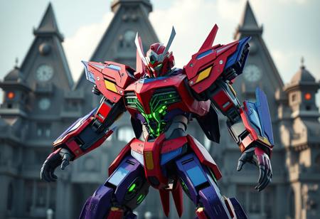 expert An ultra-detailed Battle Shogun of the Six Samurai mecha, vibrant multi-colored plating (red head/arms, blue torso, purple legs), silver visor. Translucent chassis revealing ultra intricate green internal circuitry. Dynamic ready stance, limbs poised for action, head subtly angled. Against an imposing Triamid Fortress details architecture backdrop. Cinematic dramatic lighting. High fidelity, impeccable composition, trending on Artstation, Octane Render, Unreal Engine 5 pro.