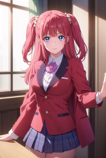 yumemiyumemite, <lora:yumemi yumemite s2-lora-nochekaiser:1>,
yumemi yumemite, long hair, blue eyes, very long hair, pink hair, two side up,
BREAK skirt, shirt, school uniform, jacket, white shirt, pleated skirt, collared shirt, black skirt, blazer, (red jacket:1.5),
BREAK indoors, classroom,
BREAK looking at viewer, (cowboy shot:1.5),
BREAK <lyco:GoodHands-beta2:1>, (masterpiece:1.2), best quality, high resolution, unity 8k wallpaper, (illustration:0.8), (beautiful detailed eyes:1.6), extremely detailed face, perfect lighting, extremely detailed CG, (perfect hands, perfect anatomy),