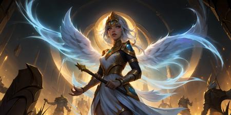 HEZI,LOL,\(lol style\),game cg,1girl,blue eyes,wings,holding,lux (league of legends),staff,weapon,breasts,bare shoulders,medium breasts,armlet,looking at viewer,dress,armor,white hair,long hair,backlighting,solo focus,<lora:çå­ç³»åââLOLç¾å®£æ°å´è´¨æ(æçç):0.65>,