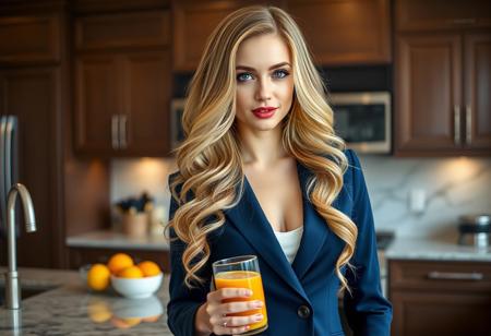 ArtfulNSFW, The image is a portrait of a woman with long wavy golden hair. Wearing a dark blue business suit,  Standing in an expensive kitchen, The woman is looking directly at the camera with a playful expression on her face. holding a glass of orange juice, Her hair is styled in loose waves and falls over her shoulder. The background is sharp making the woman the focal point of the image. The lighting is soft and natural highlighting her features., 1girl, solo, ruby red lips, golden hair, looking at viewer, deep blue eyes, full body portrait,