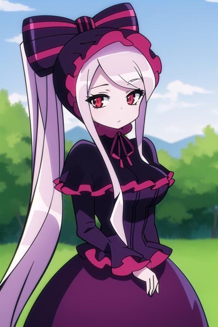 anime, hdr, soft light, ((best quality)), ((masterpiece)), (detailed), <lora:Shalltear_7_20:0.9> shalltear, gray hair, very long hair, medium breasts, red eyes, bonnet, hair bow, ponytail, black dress, black capelet, cowboy shot, looking at viewer, outdoors, captivating pose