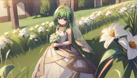 (masterpiece, best quality), eiferia, 1girl, solo, long hair, small breasts, (wedding dress), standing, smile, holding flowers, white flowers, grass, garden, <lora:eiferiav1.02x-000001:1>