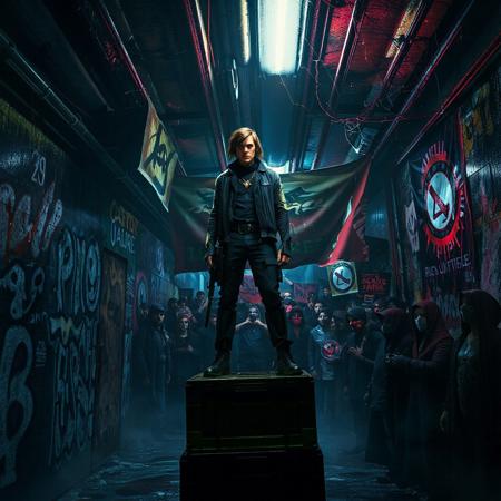 Deep beneath the polished towers of the Neon Empire, in the forgotten alleys and flickering underworld, a rebellion is born.
In a darkened subway terminal painted with holographic graffiti and the ghosts of empire, a lone rebel stands atop a crate, addressing a masked crowd.
Their face glows in the pulsing neon — defiant, scarred, half-cybernetic.
Behind them, banners ripple with anti-empire glyphs.
The crowd is diverse: former soldiers, hacked androids, cloaked data-smugglers, rogue AI priests.
Sparks fly from overhead cables; the city above doesn't know it's already cracking.
Cyberpunk underground resistance, cinematic 8K, tense shadows, neon graffiti, gritty detail, dynamic pose, dark rebellion energy.