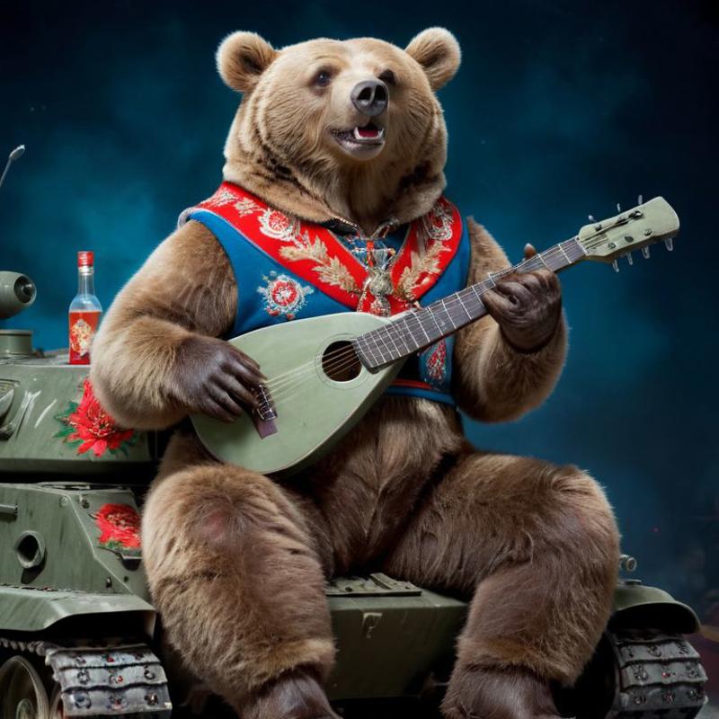 A teddy bear playing the guitar on top of a tank.