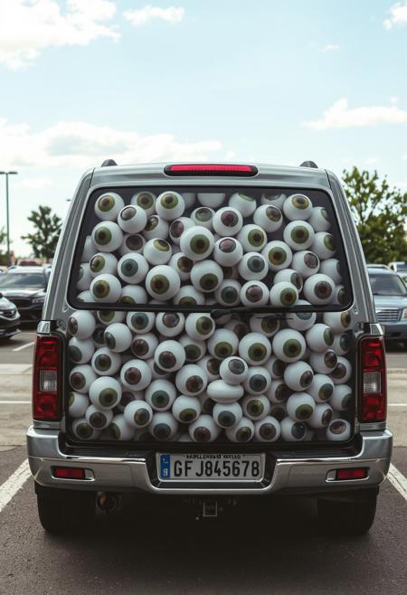 photo of a endless number of eyeballs filled a completely transparent SUV in the parking lot