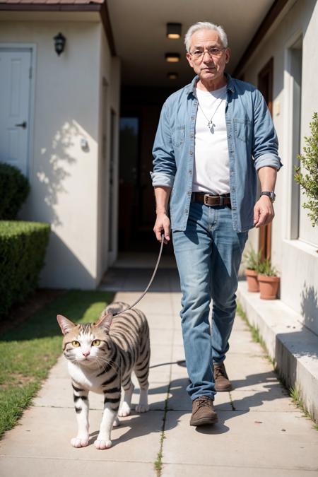 a man walking his small house cat, leash, realistic shadows,