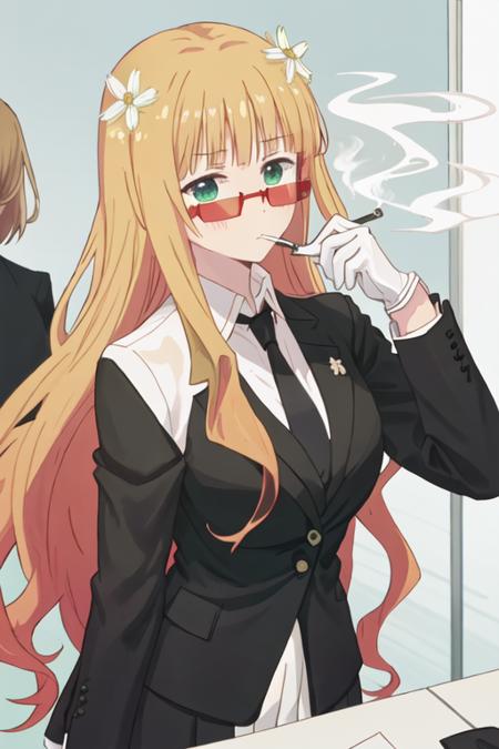 best quality, masterpiece, highres, solo, {black business suit:1.40}, {tie:1.20}, {sunglasses:1.25}, {white gloves:1.15}, {white shirt:1.10}, {black skirt:1.15}, {smoking:1.20}, handsome, {mitsuki_sonoda_sakuratrick:1.15}, blonde_hair, glasses, flower, blush, hair_flower, hair_ornament, long_hair, green_eyes, red-framed_eyewear