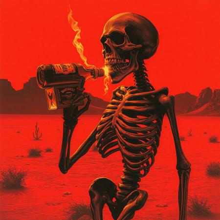 Dark artwork of a zombie skeleton in a red desert landscape chugging a whiskey bottle, occult art, 80's movie poster, horror, duotone, deep red and burnt orange, 70's pulp art style, photocopy