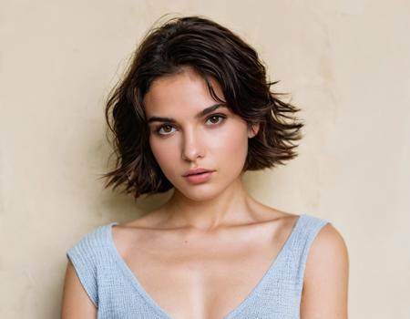 photo of a young woman with short, tousled dark hair. She has fair skin and captivating dark eyes, brown eyes, perfecteyes. The face has a soft, oval shape with slightly angular cheekbones. The nose is straight with a delicate bridge, and the tip is slightly rounded. The lips are full, with the upper lip showing a defined cupid's bow. The lower lip is slightly fuller than the upper one. She has a smooth, fair complexion 
