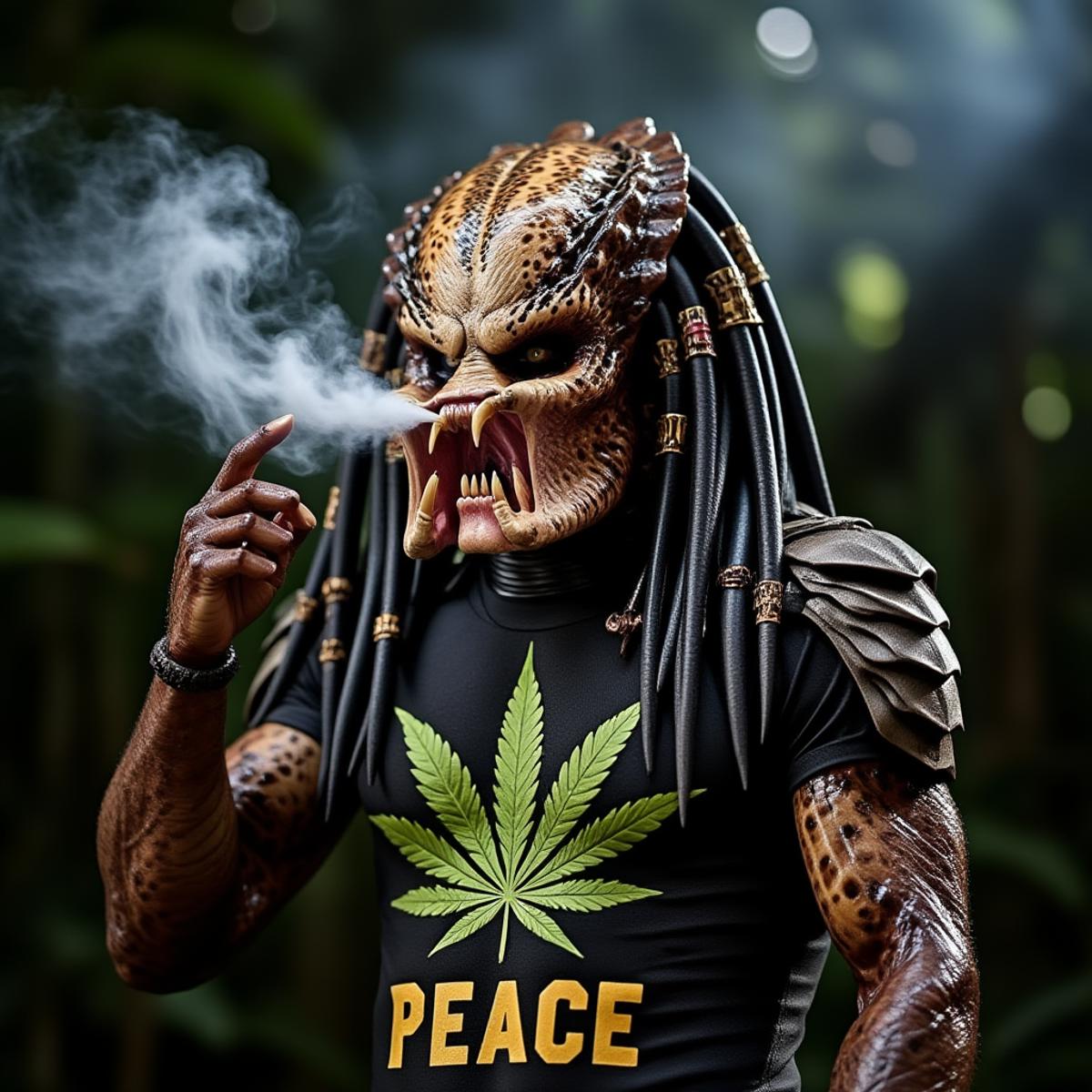 a muscular alien predator have dreadlocks, wears a rastafarian tshirt with a hemp leaf on it, blows smoke. The smoke write the text ''Peace'' in the air <lora:PredatorV2:0.8>