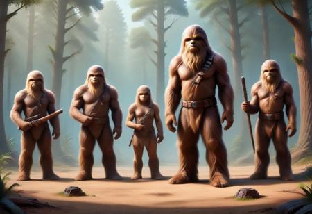 To create an image of obtaining Wroshyr wood from Kashyyyk, consider:
* A dense, vibrant forest with ancient trees
* Wookiees using primitive tools to harvest wood
* A lively atmosphere with community and cooperation
* Incorporate sounds and smells of the forest
* Convey respect and harmony between Wookiees and environment
* Showcase Wookiees' connection to nature and role as guardians
* Depict Wookiees' tools and equipment in a primitive yet effective way
* Emphasize community and cooperation among Wookiees
* Highlight Wookiees' understanding of the forest and its rhythms
* Create a sense of peace and tranquility in the image
* Inspire a sense of wonder and awe with the beauty of the forest
* Use rich textures and details to bring the image to life
* Ensure the overall mood is one of harmony and balance.