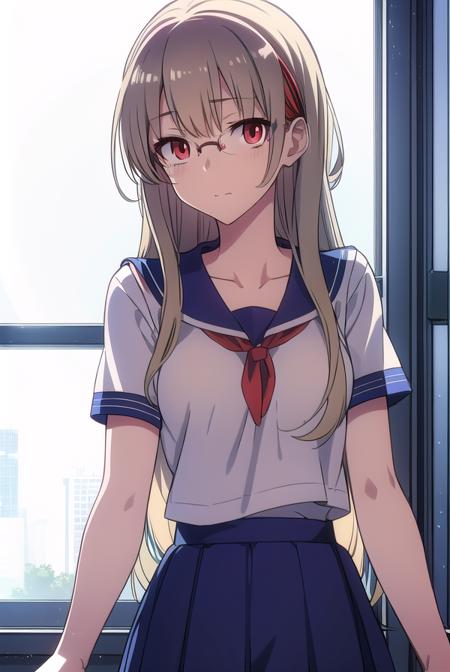 kotonesasaki, <lora:kotonesasakitest:0.8>,
kotone sasaki, long hair, (red eyes:1.5), glasses, blonde hair, hair pin, (small breast:1.2),
BREAK sailor uniform, serafuku, blue sailor collar, short sleeves, skirt, blue skirt, school uniform,
BREAK looking at viewer,
BREAK indoors, classroom,
BREAK <lora:GoodHands-vanilla:1>, (masterpiece:1.2), best quality, high resolution, unity 8k wallpaper, (illustration:0.8), (beautiful detailed eyes:1.6), extremely detailed face, perfect lighting, extremely detailed CG, (perfect hands, perfect anatomy),