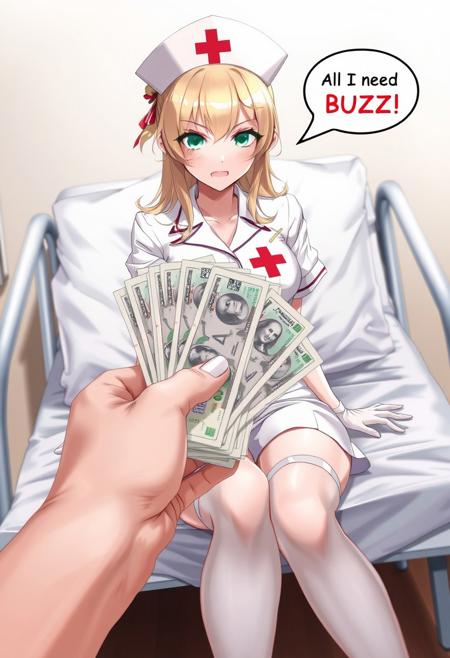 score_9,score_8_up,curvy,expressive,good_hands,<lora:Expressive_H:1>,Expressiveh,depth of field, beautiful, fantastic and realistic anime style, 
No watermark, No signature, No logo
No pubic hair, No censored, No Deformed body parts, No logo, No Incomplete body parts,
1 girl, 27 year old, beautiful and sharp face, slender and dynamic nice body, erotic clothes, blonde hair, jade green eyes, angry
nurse, mini skirts, white_pantyhose, leg_garter, white gloves, nurse_cap, white clothes, red cross mark, 
girl's speech bubble: "All I need is BUZZ!"
"A realistic depiction of a nurse in a white uniform and cap with a red cross, sitting in a clinical bed. In the foreground, a hand offers a stack of currency, creating a contrast between medical professionalism and monetary implication. The scene is well-lit with a neutral background."