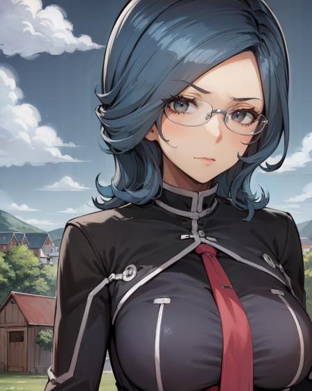 best quality, (masterpiece:1.2), illustration, absurdres,  
(1girl), (solo), (beautiful detailed girl), (upper body, portrait),
<lora:SonyaV2-000009:1>, Sonya Baelz, blue hair, medium hair, grey eyes, large breasts, half-frame glasses, gray glasses,
uniform, grey suit,, black skirt, pencil skirt, black pantyhose, grey high heels, red necktie,
looking at viewer, serious,
medieval farming village, farm, clouds, sky