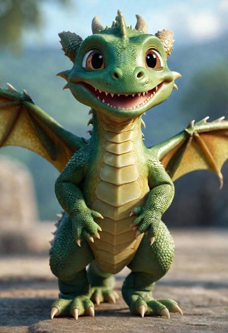 high quality cgi, closeup, cute little dragon, smile, funny, standing on two legs, perfect environment, high detailed