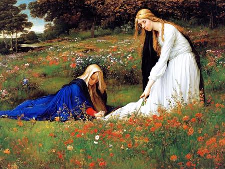 on meadow; solo waifu, one hand gathering flowers, with blonde hair, blue eyes, white dress and black cape; exceptional, best aesthetic, new, newest, anime, masterpiece, best quality, ultra detailed; golden ratio, painting by John William Waterhouse