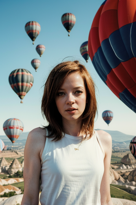 ShirleyManson, photography by (Rodney Smith:1.3), ((upper body focus, shoulders)), modelshoot, pose, (facing viewer, Cappadocia, hot air balloons, looking at viewer, blurry background, bokeh, ID photo:1.3), serious look