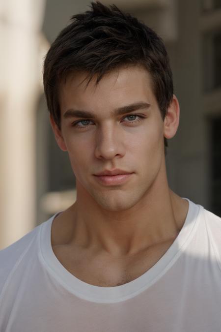 closeup face portrait photo of kris_evans <lora:kris_evans-06:1> wearing an Under Armour athletic t-shirt, budapest urban setting, natural morning light, softbox lighting, strong approachable mood, skin texture, fabric texture